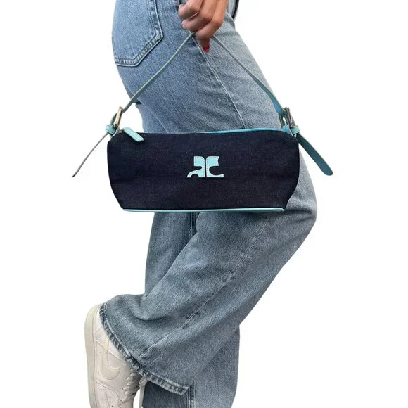 Courreges Vintage Logo Shoulder Bag Denim Blue Silver Cotton Rank AB [103972]